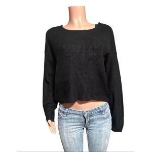 Long sleeve black asymmetric top with back lace up ribbed knitted pullover blous
